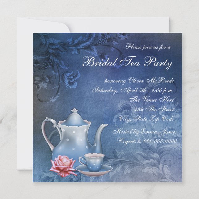 Invitation Fête du thé de la mariée bleu (Dos)