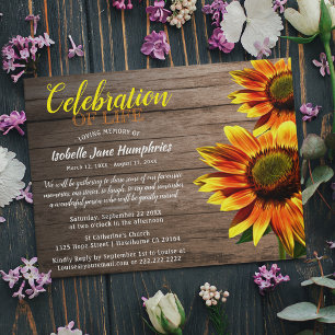 Invitation Fête du tournesol rustique de la vie   Funérailles