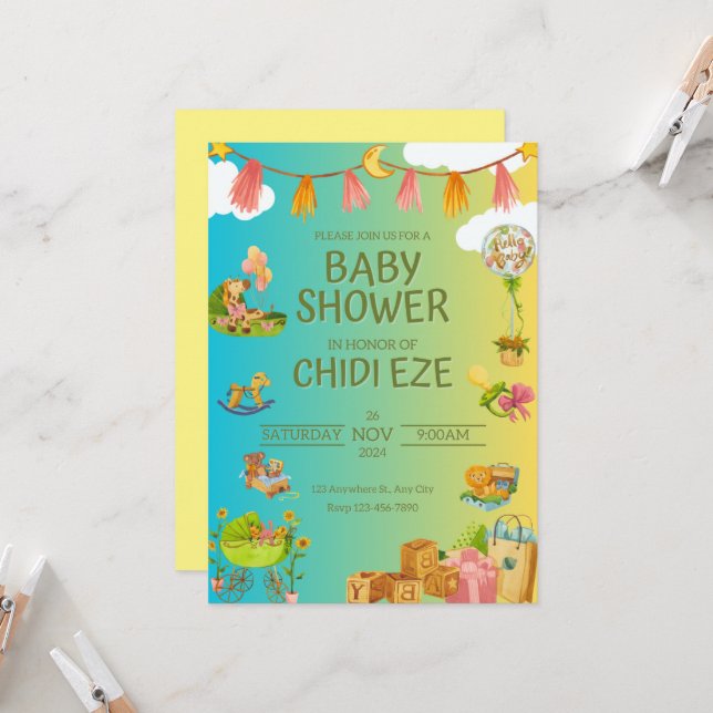 Invitation Fête d'un Baby shower (Devant/Arrière en situation)