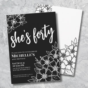 Invitation Fête élégante d'anniversaire 40 ans en noir et bla
