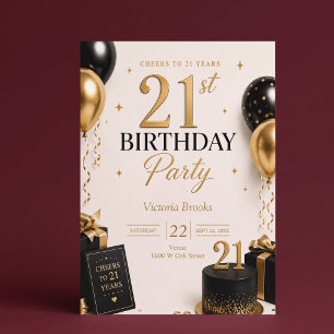 Invitation Fête élégante de 21 ans noir et or