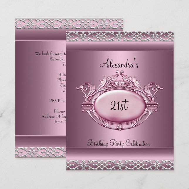 Invitation Fête élégante de 21e anniversaire Satin Rose Trim  (Devant / Derrière)