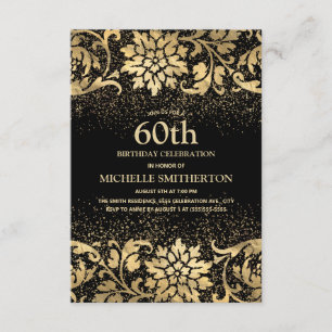 Invitation Fête élégante de 60 ans avec fleurs dorées et noir