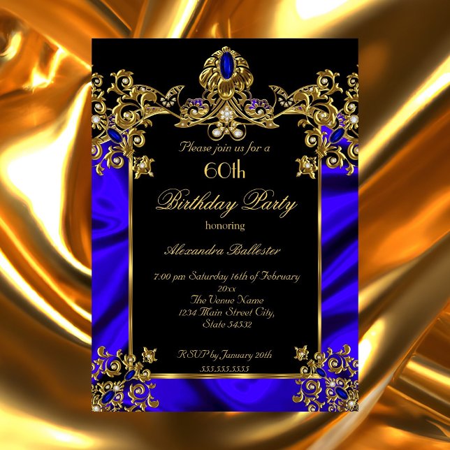 Invitation Fête élégante de 60e anniversaire Soie Rubis bleu  (Créateur téléchargé)
