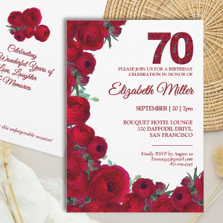 Invitation Fête élégante de 70e anniversaire - Floral rouge g