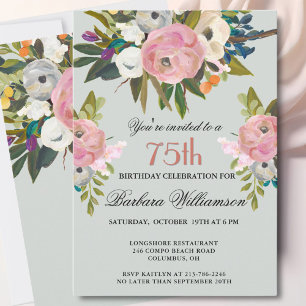 Invitation Fête élégante de 75 ans avec fleurs peintes à la m