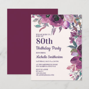 Invitation Fête élégante de 80 ans avec fleurs aquarelles vio