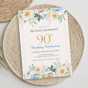 Invitation Fête élégante de 90 ans avec des fleurs