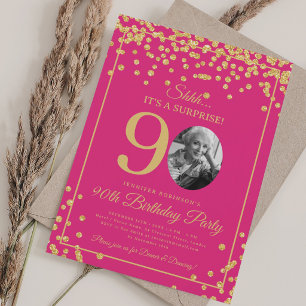 Invitation Fête élégante de 90e anniversaire or confettis ros