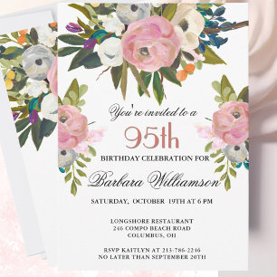 Invitation Fête élégante de 95 ans avec fleurs peintes à la m