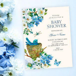 Invitation Fête élégante de bébé art oiseau floral bleu