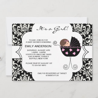 Invitation Fête élégante de bébé fille rose damas noir