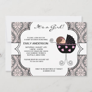 Invitation Fête élégante de bébé fille rose damas noir