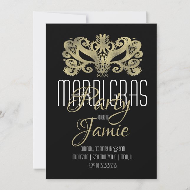 Invitation Fête élégante de Mardi Gras Faux Or et Noir (Devant)