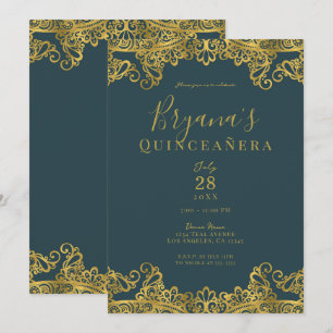 Invitation Fête élégante de Quinceañera avec dentelle dorée e