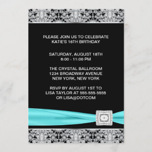 Invitation Fête élégante de seize ans Black Teal Silver Lace