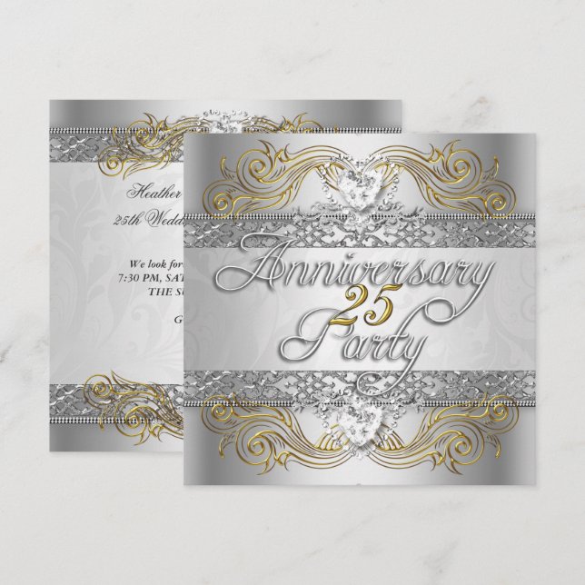 Invitation Fête élégante du 25e anniversaire argent or blanc (Devant / Derrière)
