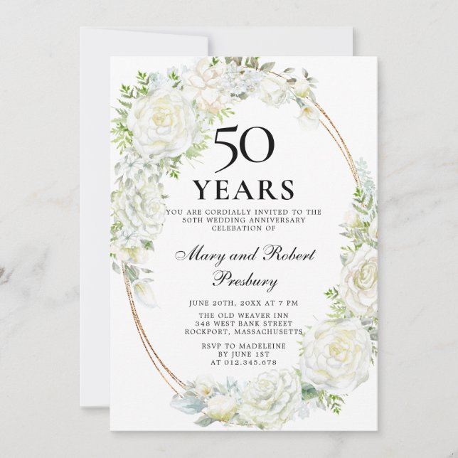 Invitation Fête élégante du 50e anniversaire Fleurs de rose b (Devant)