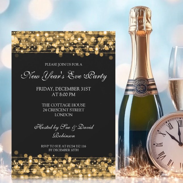 Invitation Fête élégante du Nouvel An scintillante Or (Elegant New Years Eve Party Sparkles Gold Invitation)