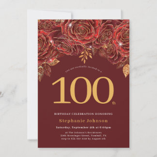 Invitation Fête élégante florale or bordeaux 100e anniversair