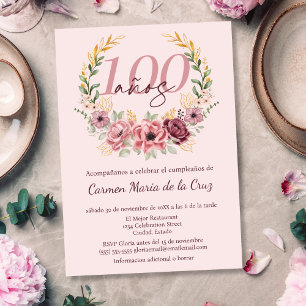 Invitation Fête élégante florale rose espagnol pour 100 ans