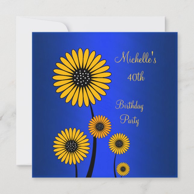 Invitation Fête élégante jaune floral bleu 40e anniversaire (Devant)