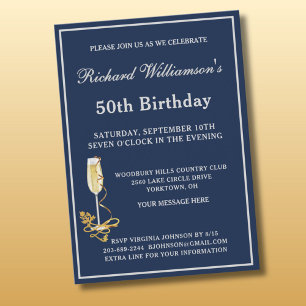 Invitation Fête élégante pour 50e anniversaire, marine et arg