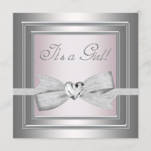 Invitation Fête élégante pour bébé fille en argent et rose