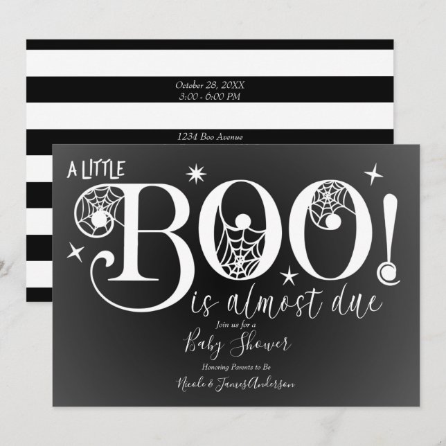 Invitation Fête élégante pour bébé noir et blanc BOO (Devant / Derrière)