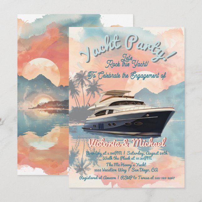 Invitation Fête en bateau sur yacht tropical au coucher du so (Devant / Derrière)