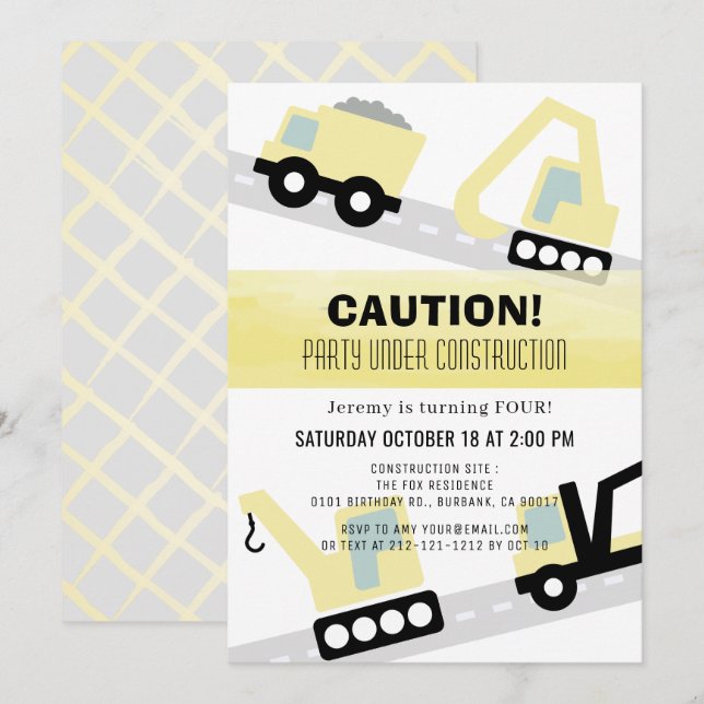 Invitation Fête en construction Blanc Anniversaire (Devant / Derrière)