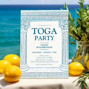 Invitation Fête en Toge Grecque en bleu avec des colonnes élé
