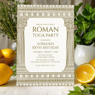 Invitation Fête en toge romaine avec des colonnes de temple é