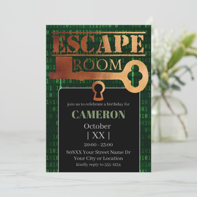 Invitation Fête Escape Game Serrure et Clé Code Binaire Vert (Debout devant)