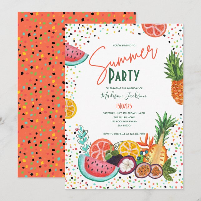 Invitation Fête estivale aux fruits tropicaux (Devant / Derrière)