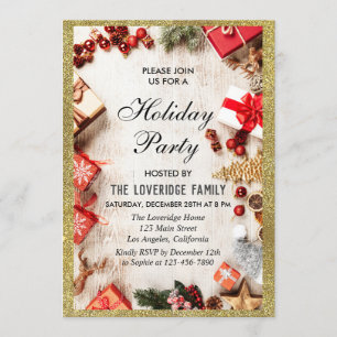 Invitation Fête festive de Noël en blanc et or pailleté