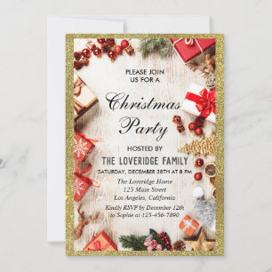 Invitation Fête festive de Noël en blanc et or pailleté