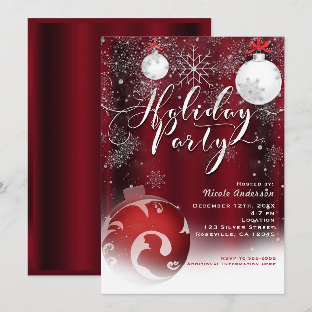 Invitation Fête Fête de Noël Rouge Argent Ornements (Devant / Derrière)