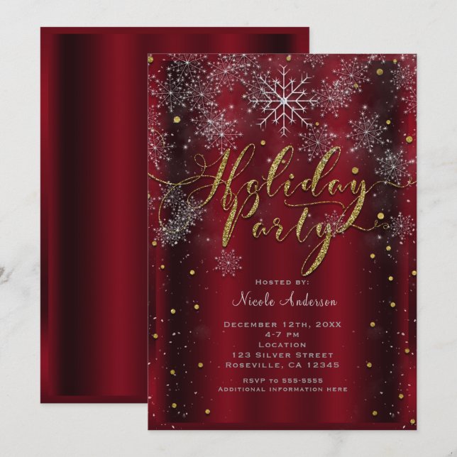 Invitation Fête Fête Fête Snowflake Élégant Rouge Or moderne (Devant / Derrière)
