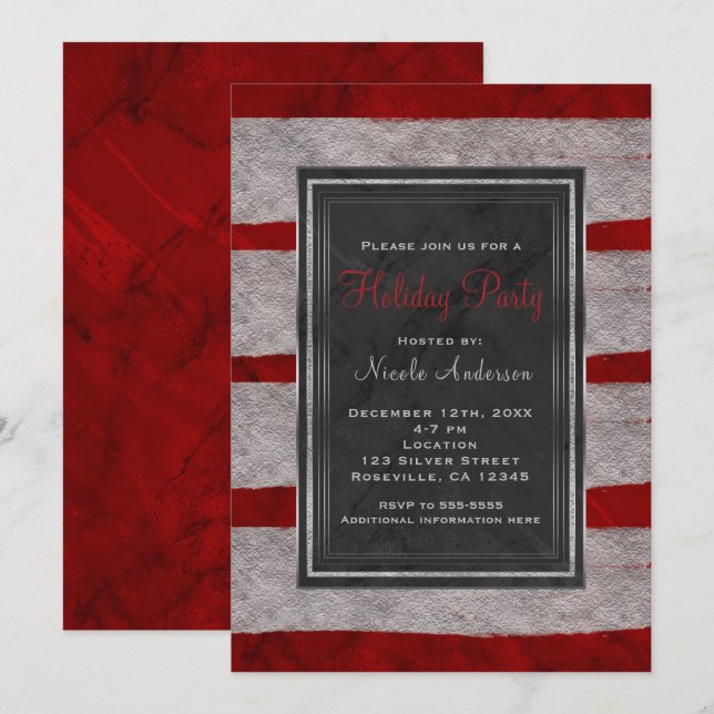 Invitation Fête Fête moderne Marbre rouge & Noël Argent (Devant / Derrière)