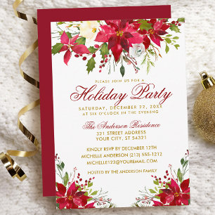 Invitation Fête Fête Rouge Aquarelle Florale Poinsettia R