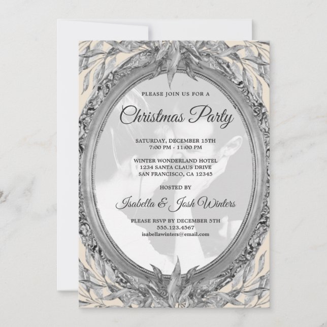 Invitation Fête Feuille Argent Wreath Photo Fête de Noël (Devant)