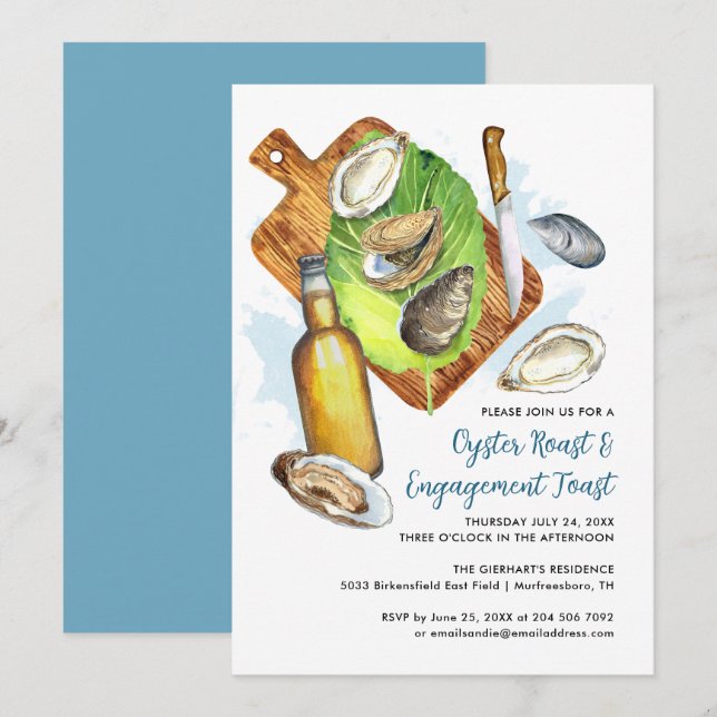 Invitation Fête Fiançailles toast aux huîtres aquarelles (Devant / Derrière)