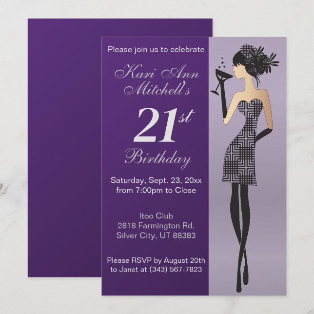 Invitation Fête Fille Bash 21e anniversaire - Violet (Devant / Derrière)