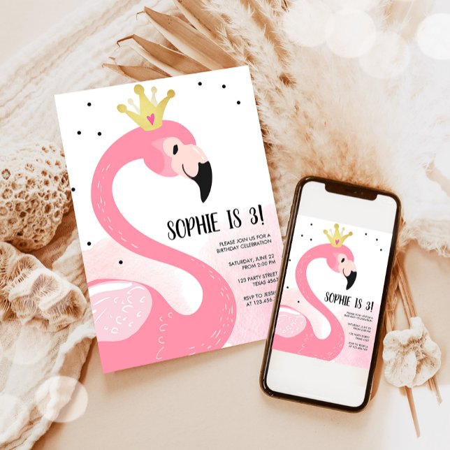 Invitation Fête Flamant rose Tropical Rose Gold Girl Annivers (Créateur téléchargé)