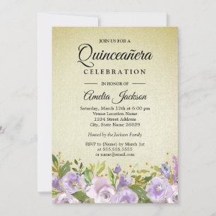 Invitation Fête Fleurie Violette et Or pour Quince
