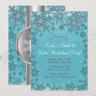 Invitation Fête Flocons de Neige Aqua Turquoise Hiver