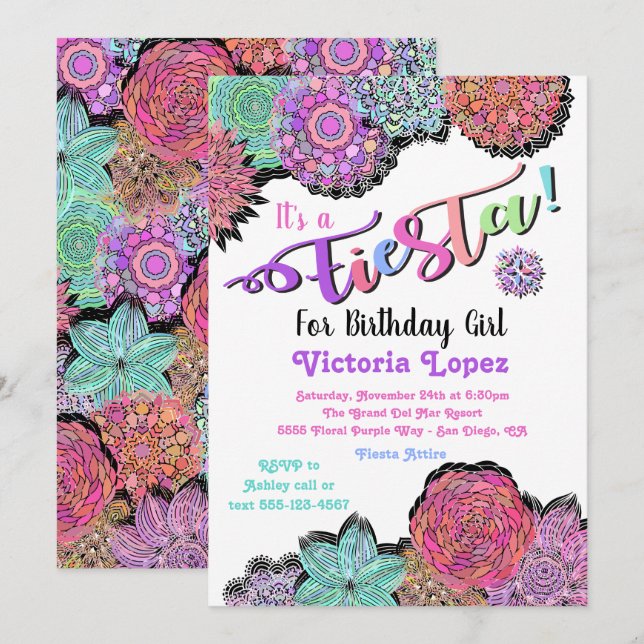 Invitation Fête Florale mexicaine Mandala fête d'anniversaire (Devant / Derrière)