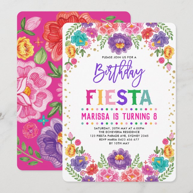 Invitation Fête Florale mexicaine Nacho fête d'anniversaire m (Devant / Derrière)