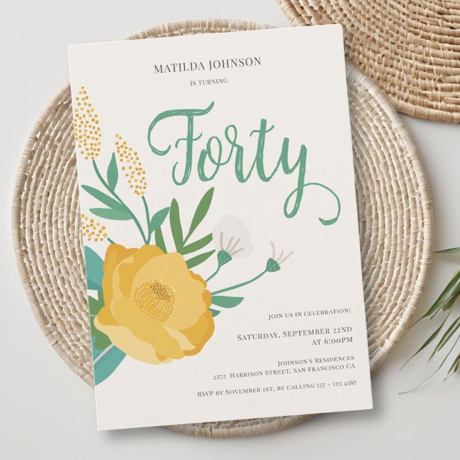 Invitation Fête Florale moderne 40e anniversaire (Modern Floral 40th Birthday Party Invitation)